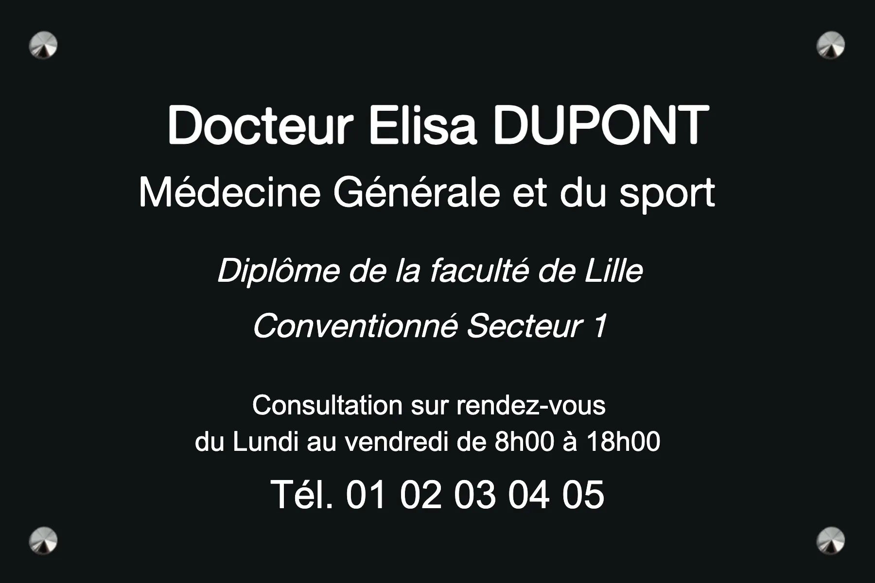 Plaque Médecine Générale - en Aluminium noir - taille 300x200 mm - Aluminium noir • 300x200 mm • Vis avec cache-vis