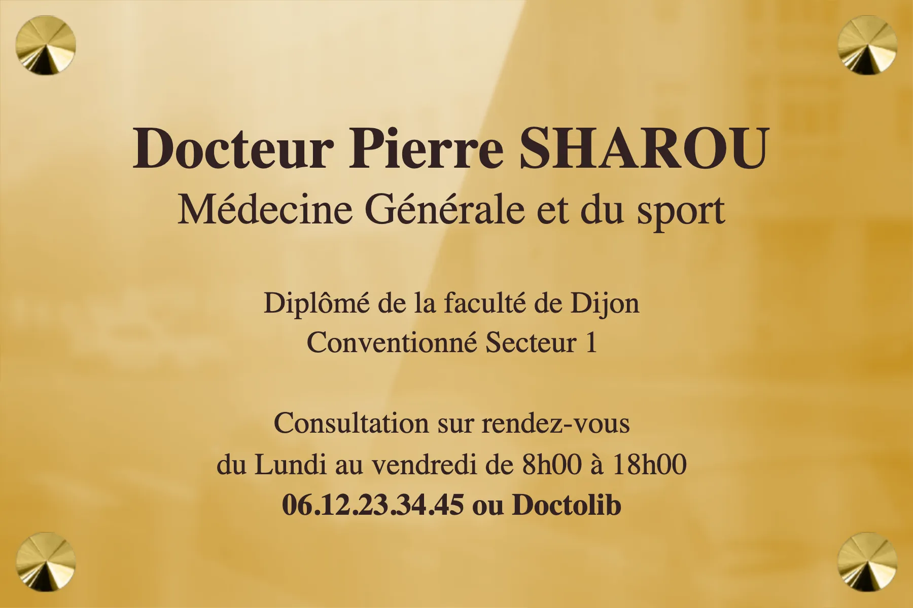 Plaque médecin du sport - en Laiton poli miroir - taille 300x200 mm - Laiton poli miroir • 300x200 mm • Vis avec cache-vis