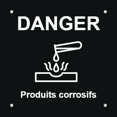 Plaque danger produits corrosifs - en Aluminium noir - taille 150x150 mm - Aluminium noir • 150x150 mm • Vis apparentes
